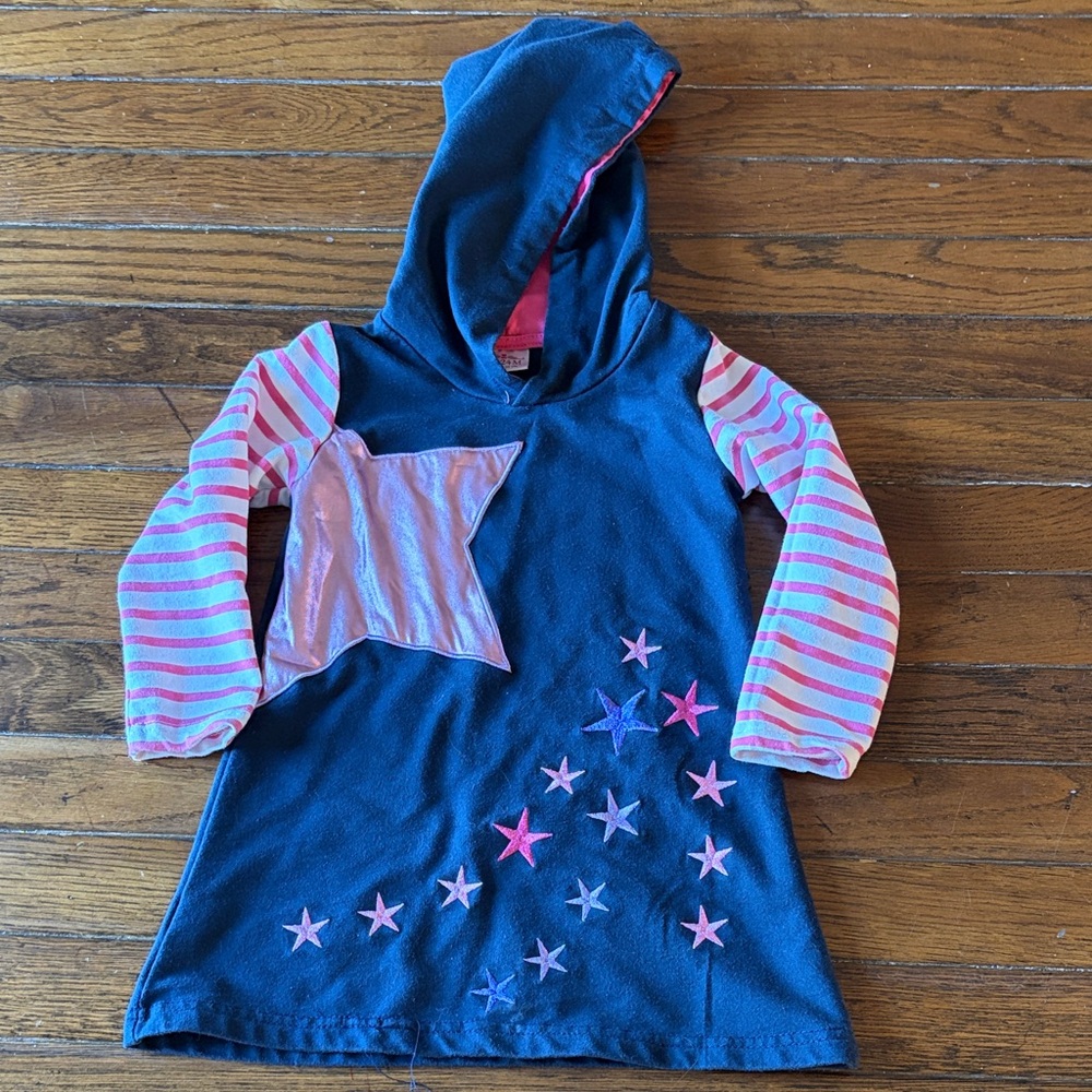 Blue Hooded Dress with Star Accents